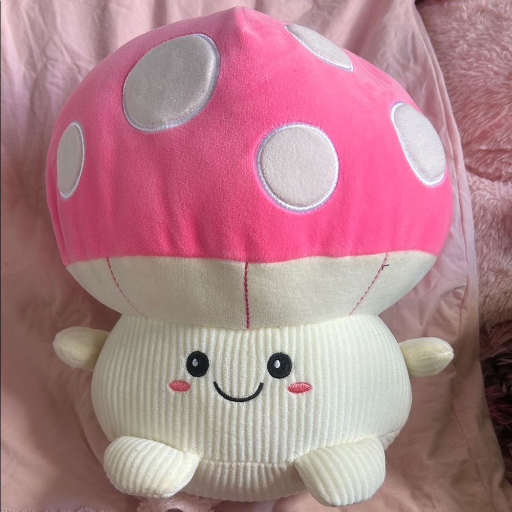 Pink and White Mushroom Stuffed Animal Toy